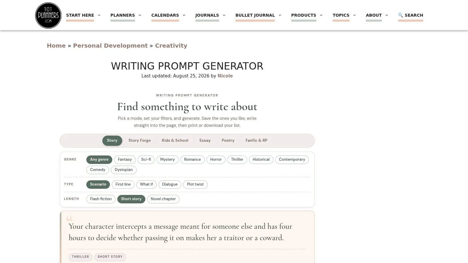 101 Planners writing prompt generator with genre, type and length filters.