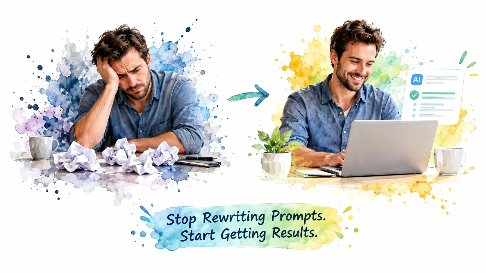 A man frustrated with paper balls transitioning to being productive and happy using AI on a laptop.