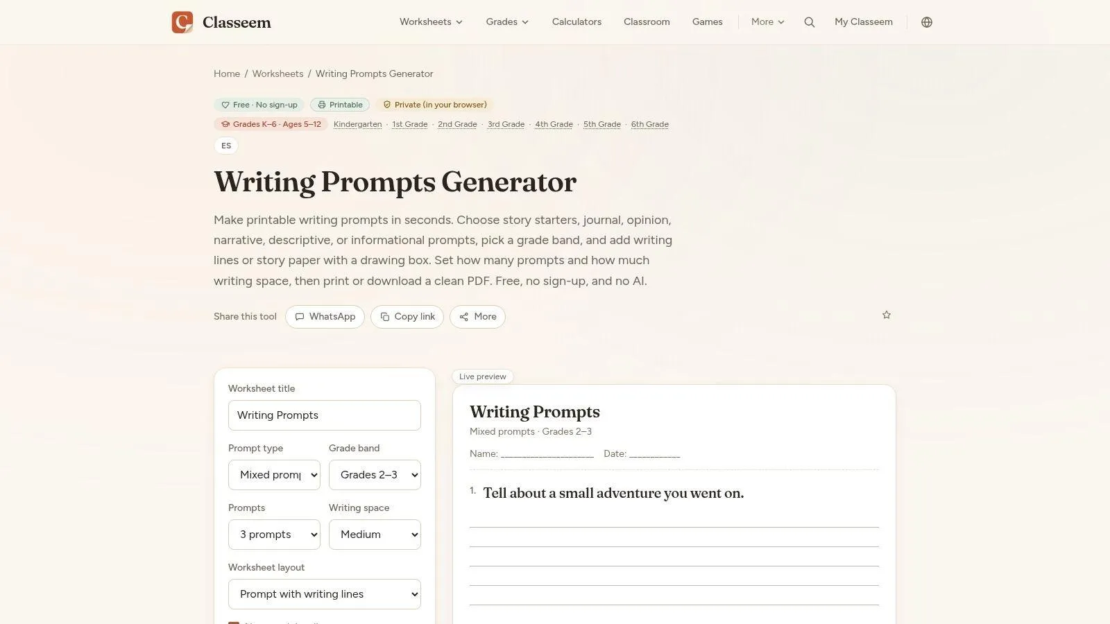 Classeem writing prompts generator with worksheet settings and a printable preview.