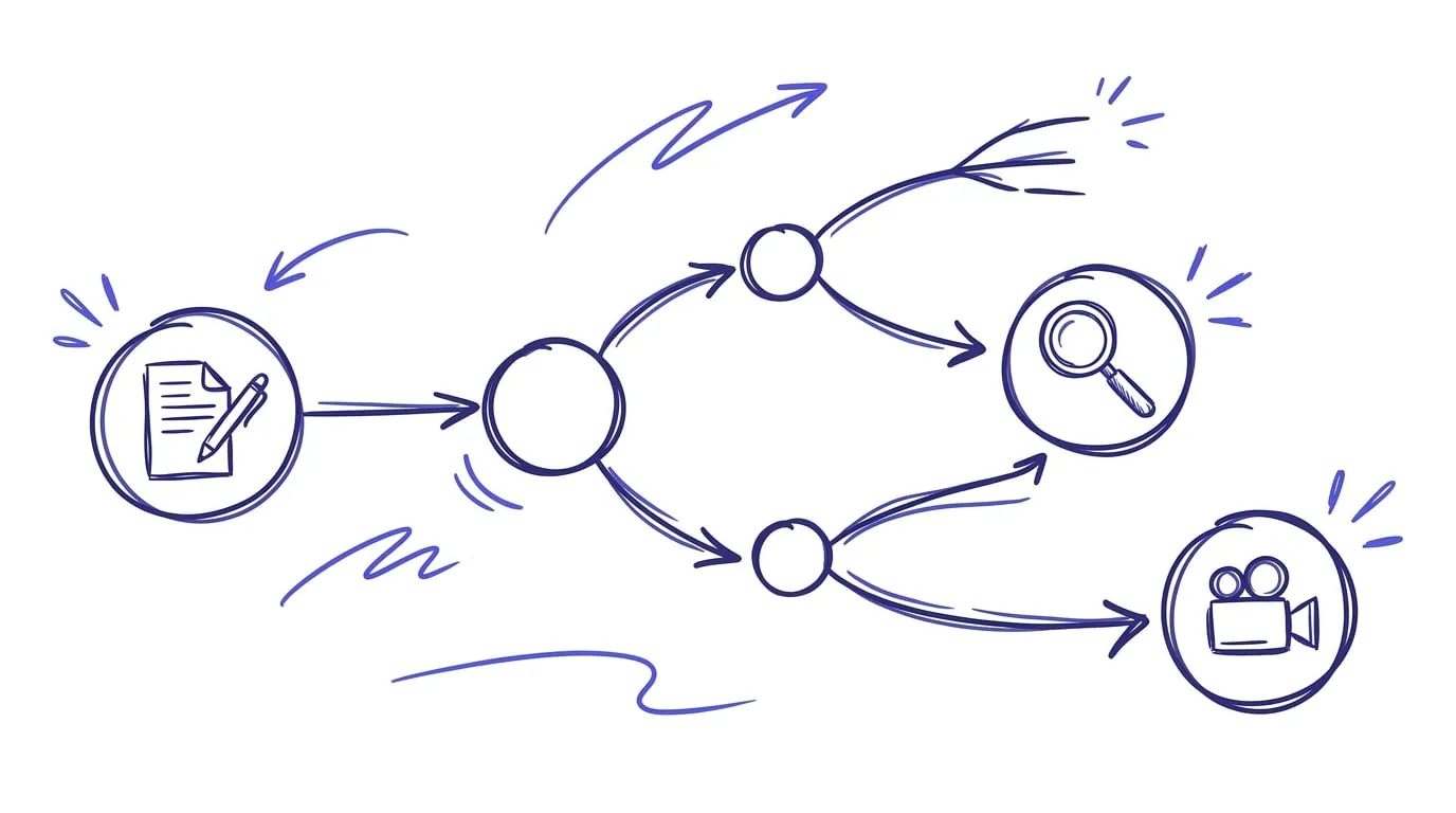 Hand-drawn illustration of a decision tree with a writing document, a magnifying glass, and a video camera icon at three branch ends