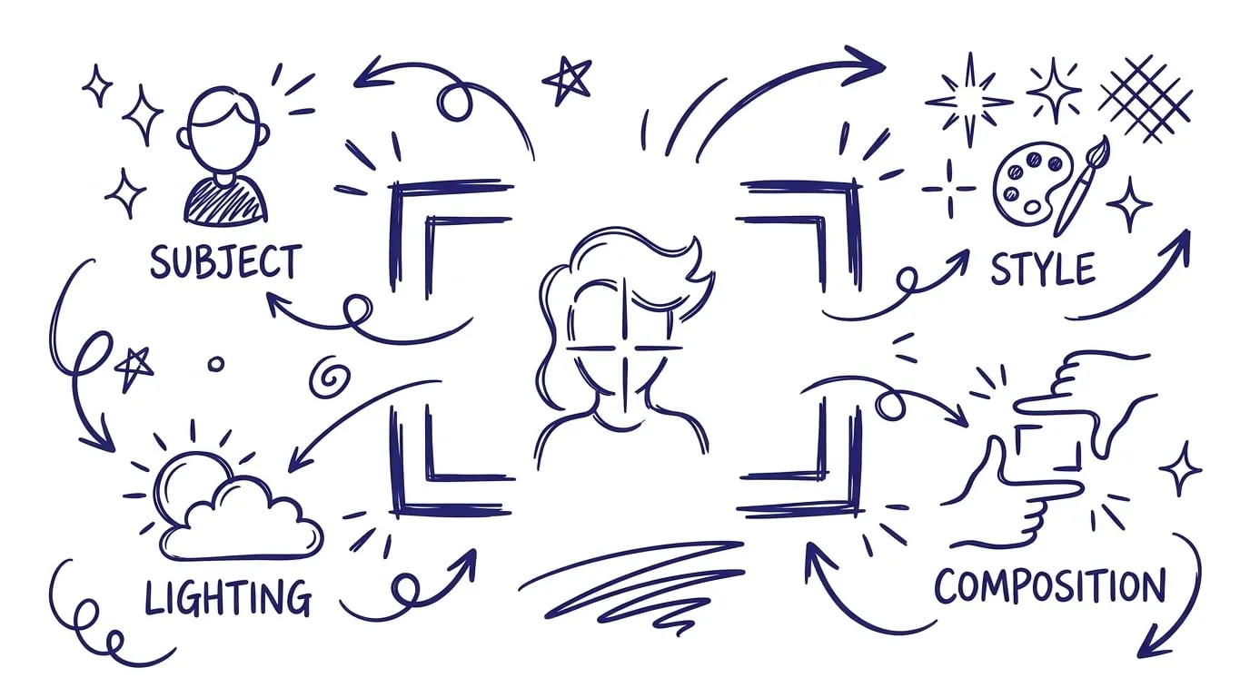 Illustration of the five prompt elements arranged around a camera viewfinder: subject, style, composition, lighting, and negative cues
