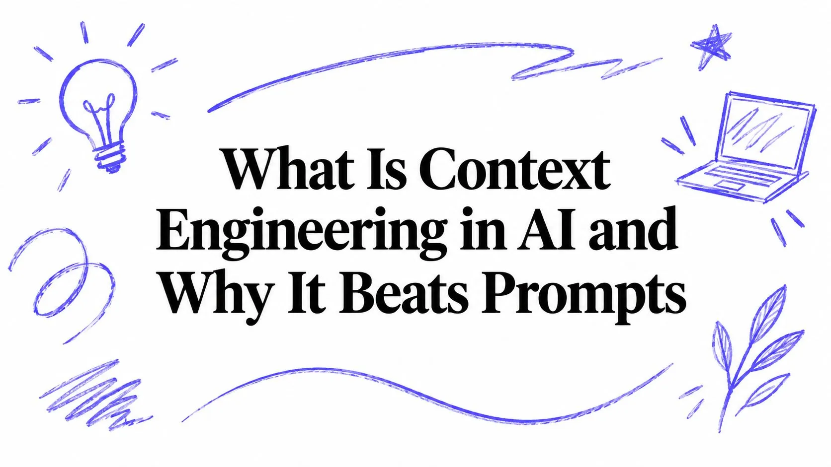 Hand-drawn indigo illustration of a lightbulb, a laptop and leaves around the title What Is Context Engineering in AI and Why It Beats Prompts