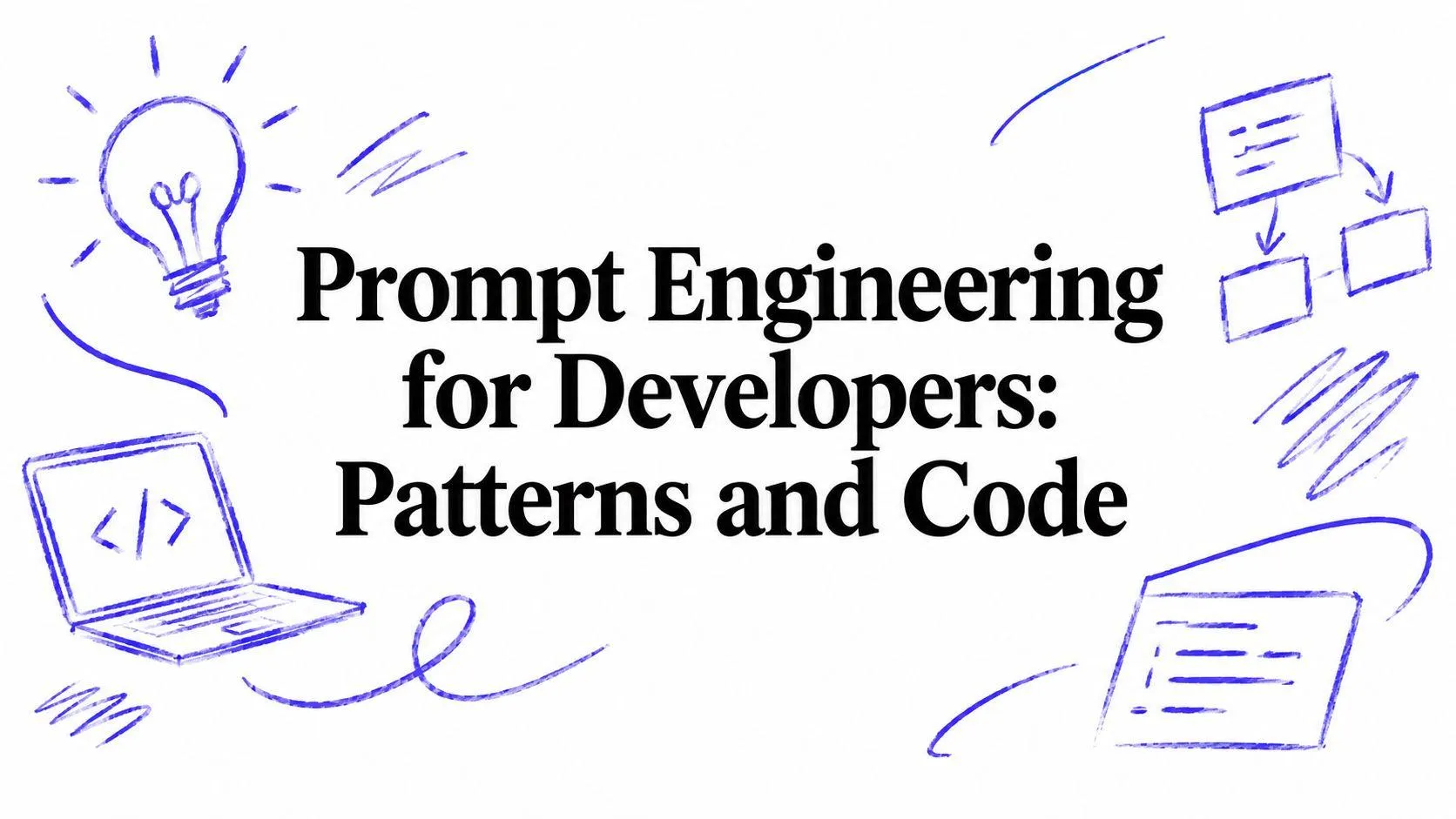 Hand-drawn indigo doodles around the title Prompt Engineering for Developers: Patterns and Code