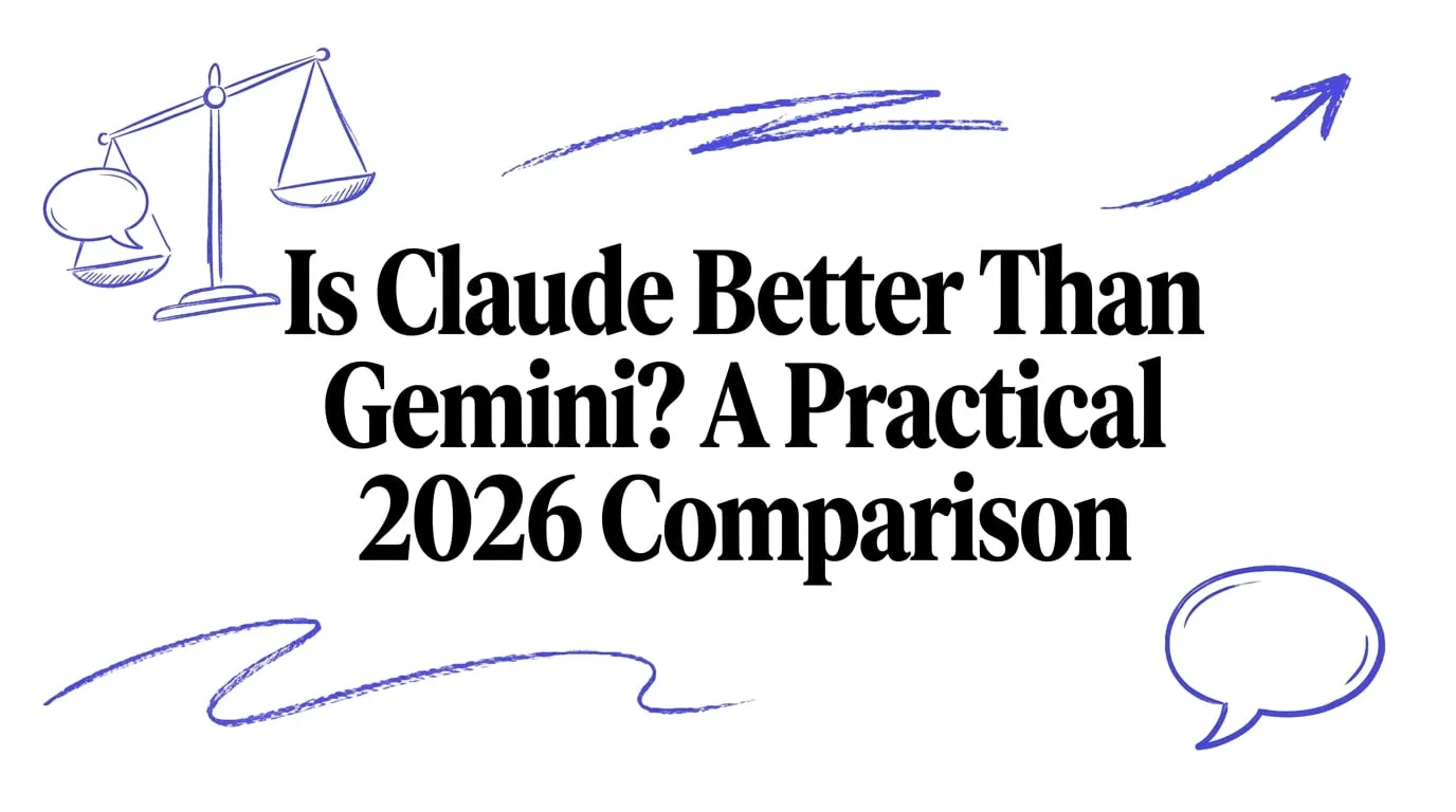 Hand-drawn indigo balance scale and speech bubbles around the title Is Claude Better Than Gemini? A Practical 2026 Comparison