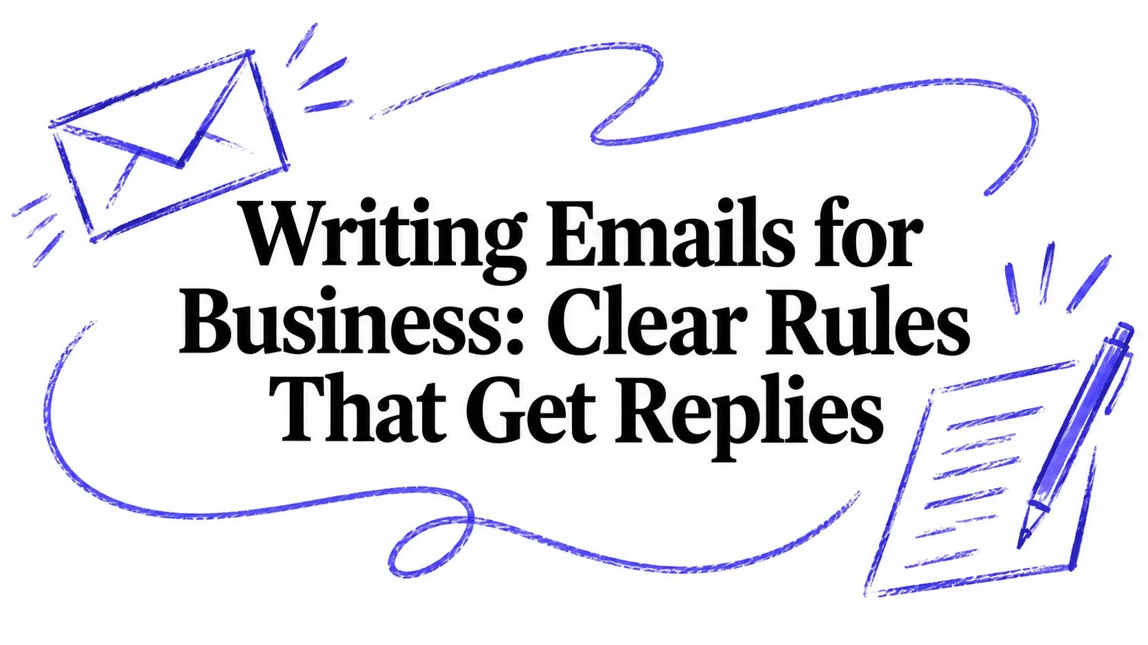 Hand-drawn illustration of an envelope and a notepad with pen around the title Writing Emails for Business: Clear Rules That Get Replies