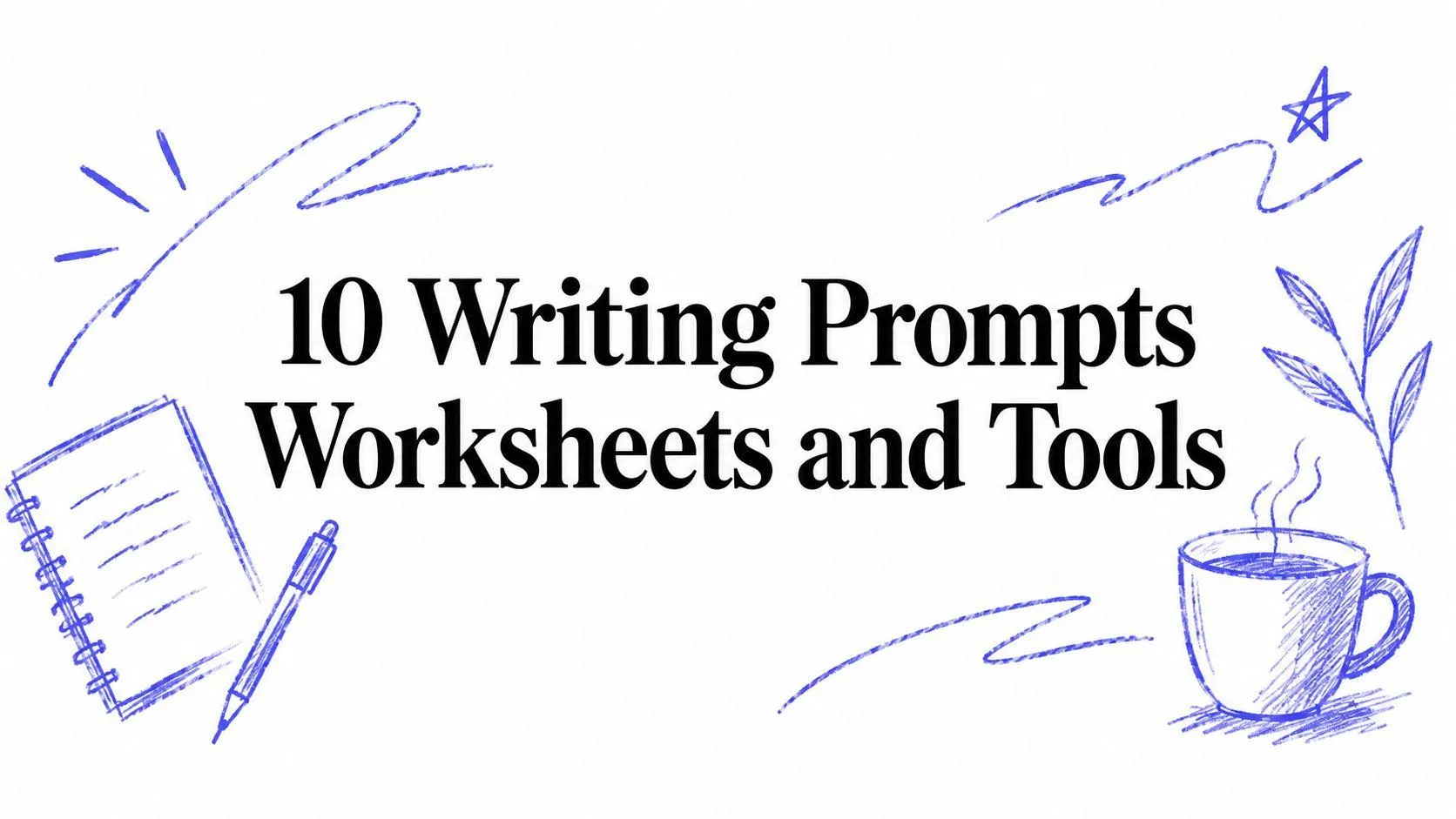 Hand-drawn indigo notebook, pen and coffee cup around the title 10 Writing Prompts Worksheets and Tools