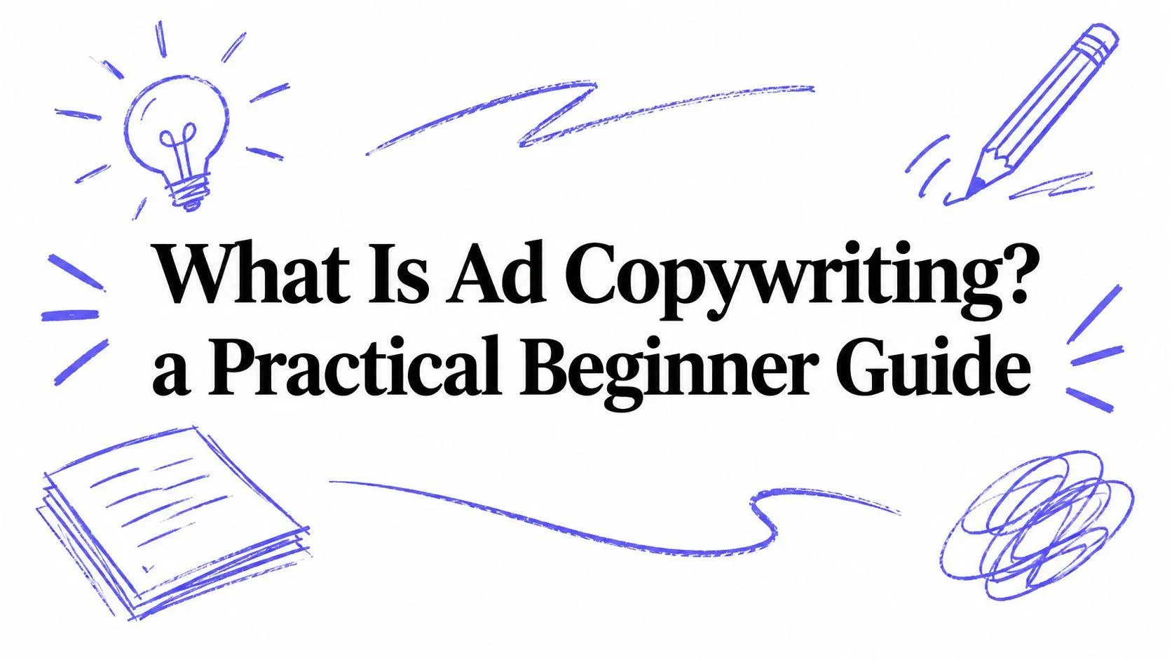 Hand-drawn indigo doodles around the title What Is Ad Copywriting? a Practical Beginner Guide
