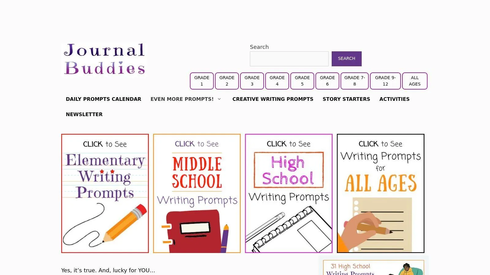 Journal Buddies printable prompt PDFs sorted by elementary, middle, high school and all ages.