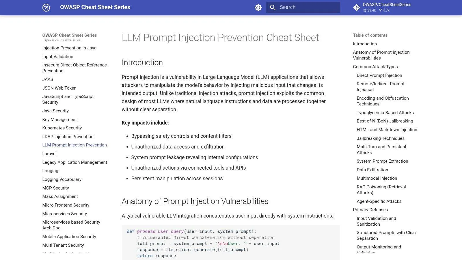 OWASP LLM Prompt Injection Prevention Cheat Sheet page.