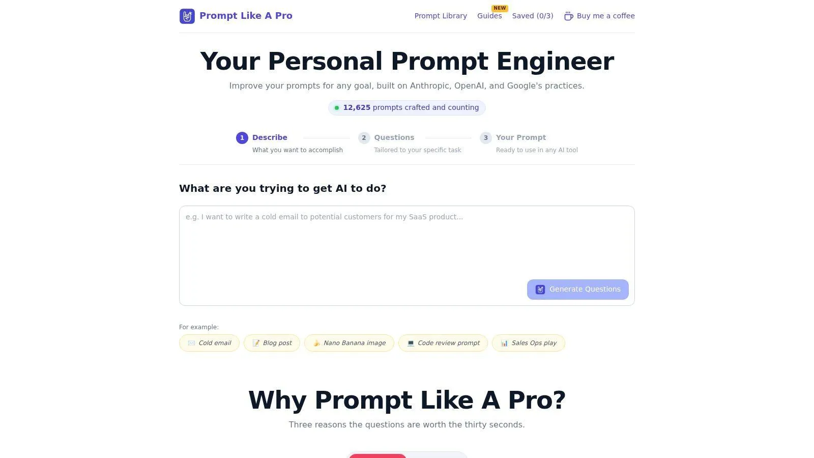 Screenshot of the Prompt Like A Pro generator home page with its describe, questions and prompt steps.