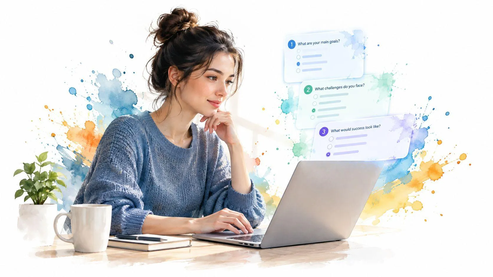 Illustration of a woman at a laptop with numbered question cards floating beside the screen
