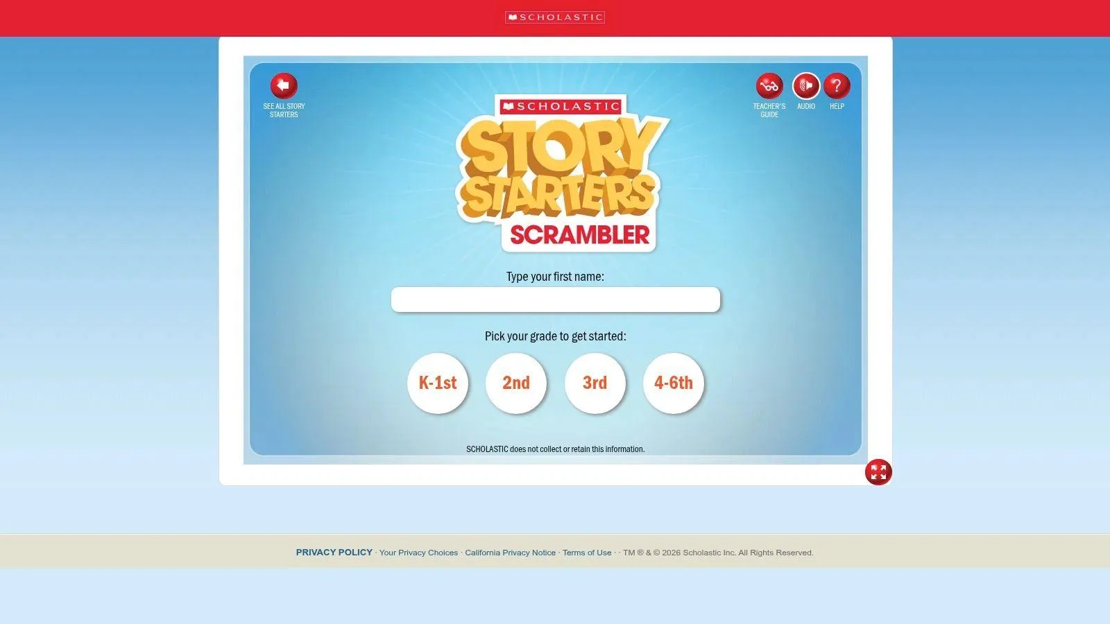 Scholastic Story Starters scrambler with grade buttons for K-1st, 2nd, 3rd and 4-6th.