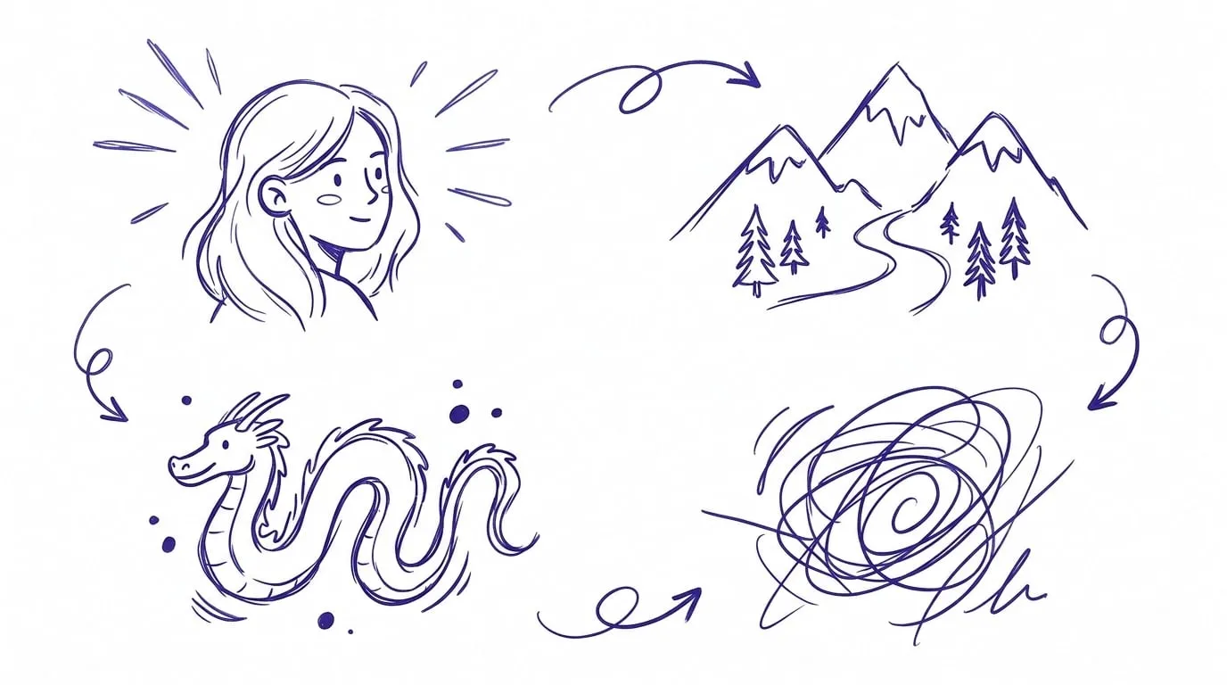 A grid of four small sketches showing different AI image styles: a portrait, a mountain landscape, a dragon, and an abstract swirl