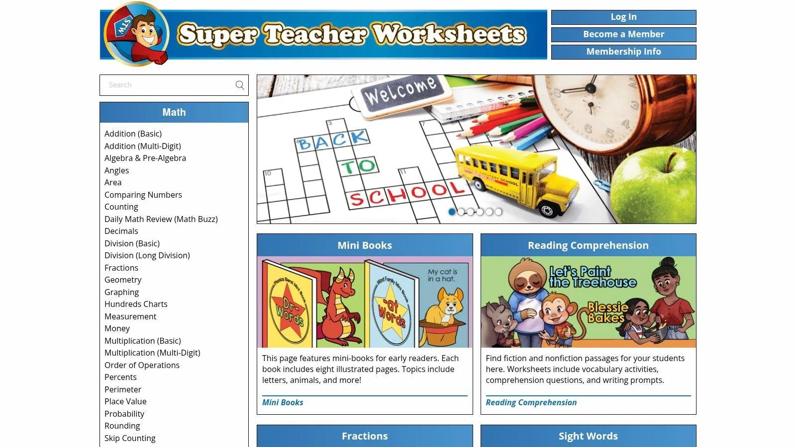 Super Teacher Worksheets home page with mini books and reading comprehension worksheets.