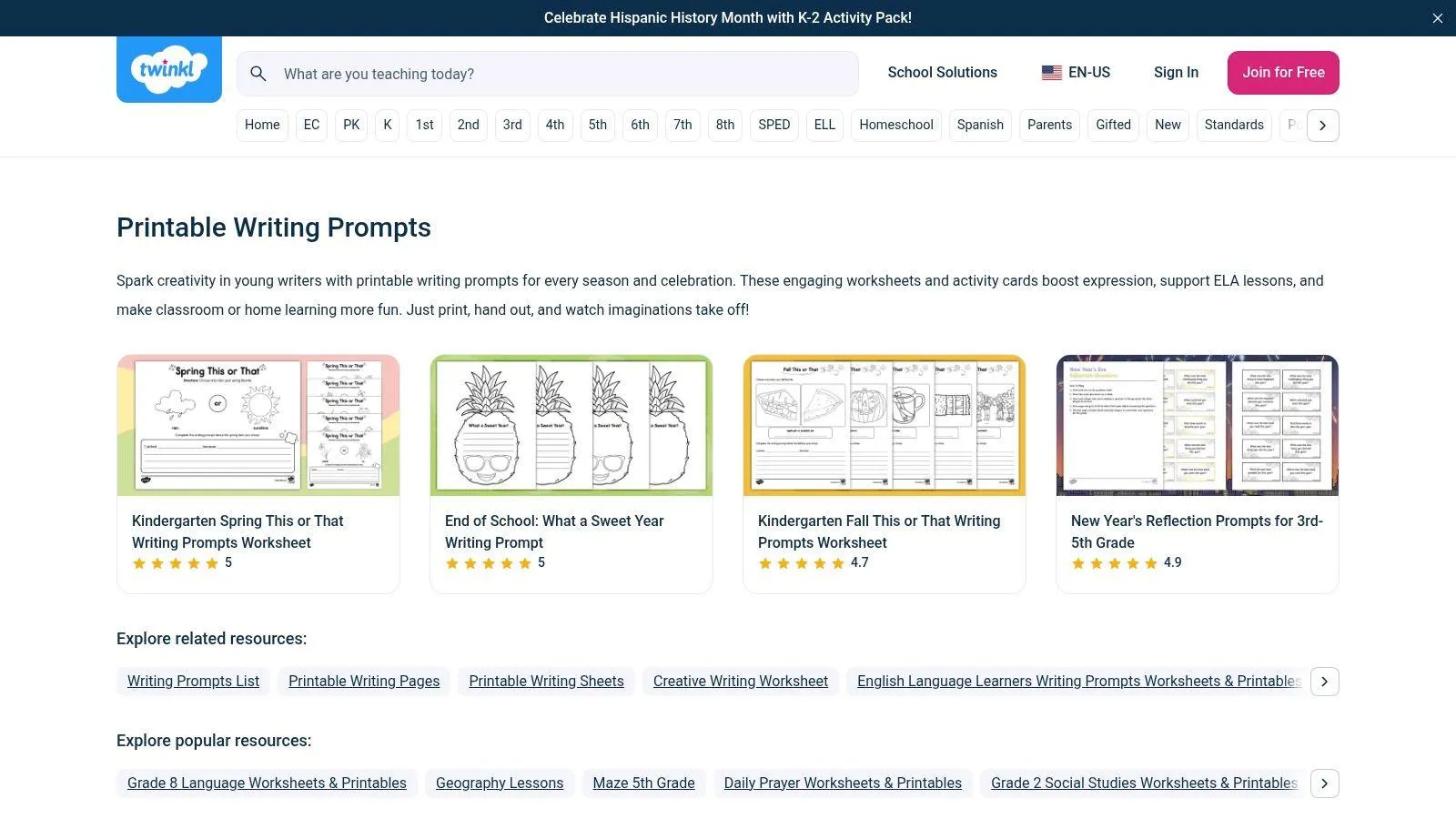Twinkl printable writing prompts collection page showing grade-banded worksheet thumbnails.
