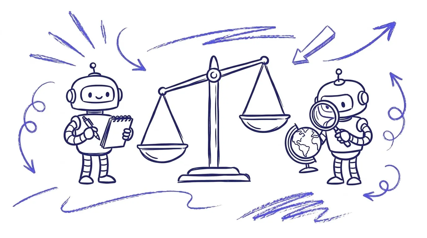 Hand-drawn illustration of two robot mascots, one holding a pen and one holding a magnifying glass over a globe, standing on either side of a shared scale