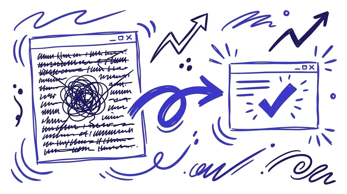 Sketch of a cluttered, rambling email turning into a short, clear email marked with a checkmark