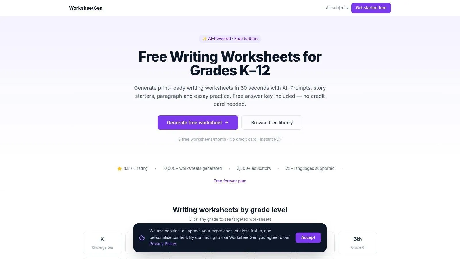 WorksheetGen landing page for free AI-generated writing worksheets for grades K to 12.